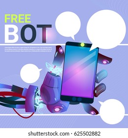 Chat Bot Hands Using Cell Smart Phone, Robot Virtual Assistance Of Website Or Mobile Applications, Artificial Intelligence Concept Flat Vector Illustration