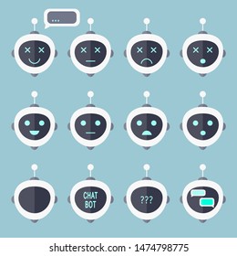 Chat Bot Head With Different Emotions And Symbols On Face. Bot Icon Set. Chatbot Avatar. 