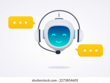 Chat bot in headphones, robot assistant for customer support. Concept of virtual consultant for receiving help and providing information.