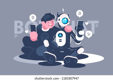 Chat bot helps man in his problem. Concept robot with people in online, internet, forum, web. Vector illustration.