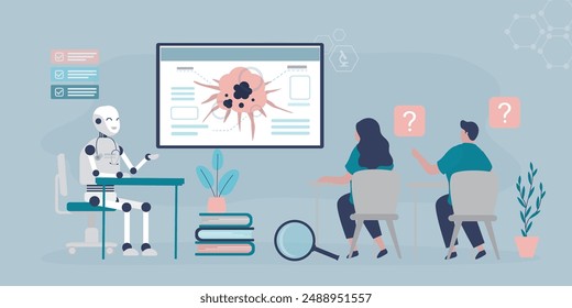 Chat bot helps medical students in their studies. Robot teaches people online. Artificial intelligence helps in studying and fighting cancer and other viruses. New technology in education. flat vector