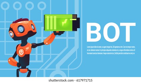 Chat Bot Hold Battery, Robot Virtual Assistance Element Of Website Or Mobile Applications, Artificial Intelligence Concept Flat Vector Illustration
