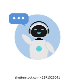 Chat bot icon with artificial intelligence. Illustration of a cute robot in flat style on a blue background.