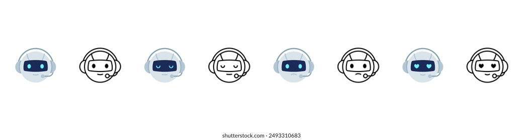 Chat bot icon. Chatbot support service. Artificial operator robot isolated on white background. Ai chat character. Chatbot vector set