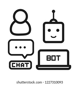 Chat Bot Icon Set, bot, human user, chat and laptop icons. Line vector. Isolate on white background.