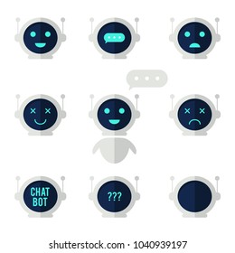 Chat bot icon set. Robot with speech bubble and different emotions. Virtual assistant for website, mobile app and customer service. Vector