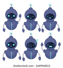 Chat bot icon set. Robot with different emotions. Virtual assistant for website, mobile app and customer service. Cartoon flat vector illustration.