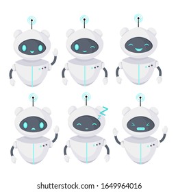 Chat bot icon set. Robot with different emotions. Virtual assistant for website, mobile app and customer service. Cartoon flat vector illustration.