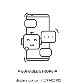 Chat bot icon. Smartphone, robot and bubble message line pictogram. Concept of instant consumer communication technology and mobile sale. Editable vector illustration for web, ui and retail business 