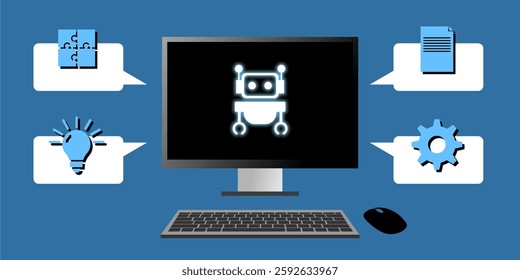 Chat bot icon vector featuring a robot on a device screen with speech bubbles, symbolizing AI conversation, automation, and virtual assistance.
