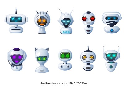 Iconos de bots de charla, robots de dibujos animados, cabezas de ciborg vectoriales con cara de resplandor digital, micrófonos y antenas. Tecnología de inteligencia artificial. Simpático juego de personajes de asistentes de chat de ai electrónico lindo