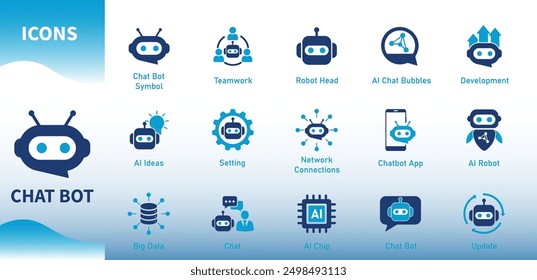 Chat bot icons. Set of flat icons on artificial intelligence, robots, chat, communication, technology, neural network, knowledge. Solid vector icons