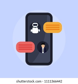 Chat bot illustration. Person talks with robot. Conversation between bot and human.