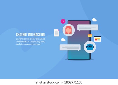 Interacción de robots de chat con usuarios de smartphone, tecnología de bot de chat para aplicaciones móviles - plantilla de ilustración vectorial de diseño plano con iconos y textos