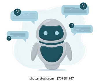 Chat bot isolated on white backdrop. Around chat robot speech bubbles. Customer service. Flat vector illustration. Cute character.