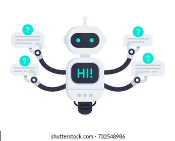 Chat bot isolated on white. Bot holds speech bubbles. Robot say hi on screen and has one singular wheel. Customer support service chat bot. Flat vector illustration
