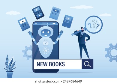 Chat Bot juggles books. Robot search new e-book for reading. User with magnifying glass talking with chatbot. Robot virtual assistance concept. AI online support for search documents and books. vector