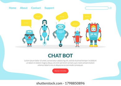 Chat Bot Landing Page Template, Cute Friendly Android Robots, Artificial Intelligence, Robotic Technology, Automation Concept Web Banner, Website, Homepage Vector Illustration