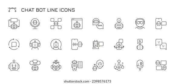 Chat bot line icon. Simple robotic speech stroke icons, smart phone chat bot technology, artificial intelligence flat style. Vector isolated set. Operator in headphones, smart webcam