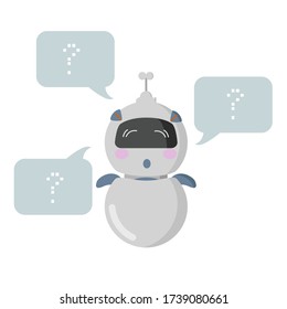 The chat bot is loaded with various questions that it solves. Kawaii assistant robot for online help to companies. Cute cartoon robot in a flat style.