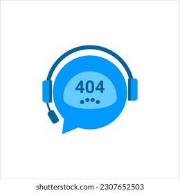 Chat Bot logo 404 error. Virtual assistant Bot 404 error icon logo. Robot head with headphones. Customer support service Chat Bot. Vector