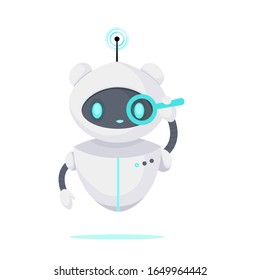 Chat bot looking for a problem and solution. Robot virtual assistance. Artificial Intelligence. Cartoon flat vector illustration.