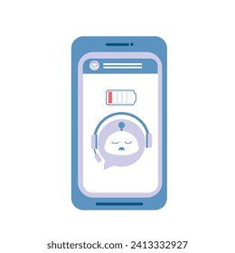 Chat Bot with low battery on smartphone. Virtual assistant Bot sleeps. Customer support service bot. Vector
