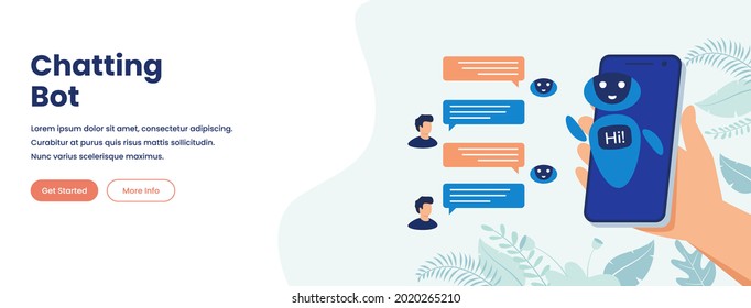Chat bot message, online customer support, chatbot assistant vector illustration banner concept in flat style. Suitable for web banners, social media, postcard, presentation and many more.