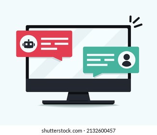 Chat bot messages notification on computer. Online talking, speak, conversation, dialog concept. Vector illustration