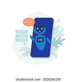 Mensajes de bot de chat. conversación inteligente con un asistente de chat, robot de asistencia al cliente en línea y conversación con un vector plano de ilustración de robots de máquina.