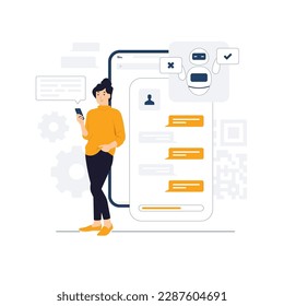 Chat bot messenger ai applications, online bot answer to people question, chat with bot on smart phone concept illustration