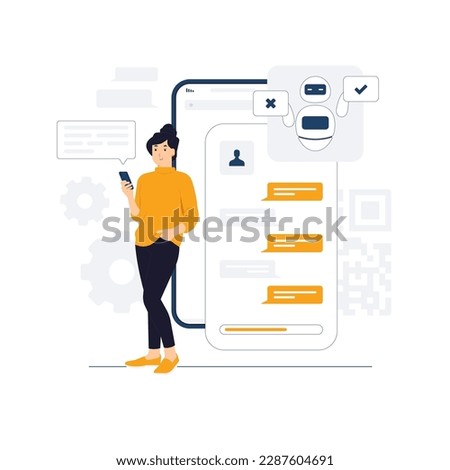 Chat bot messenger ai applications, online bot answer to people question, chat with bot on smart phone concept illustration