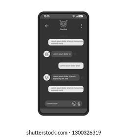 Chat bot messenger smartphone interface vector template. Mobile support app page black design layout. Virtual assistance application screen. Chatting with bot flat UI. Speech bubbles on phone display