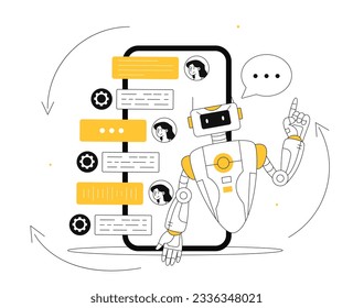 Chat bot at mobile app line concept. Artificial intelligence and machine learning. Answers to frequently asked questions. Messages and dialogue in messengers. Linear flat vector illustration