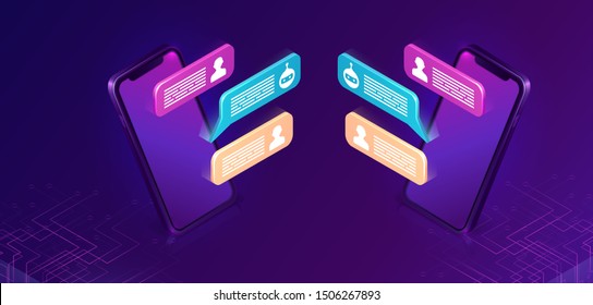 Chat bot or mobile chatting, isometric concept vector illustration. Dialog sms icons or text bubbles on screens of two smartphones facing each other, isolated on purple, ultraviolet background