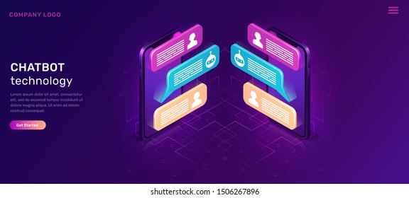 Chat bot or mobile chatting, isometric concept vector illustration. Dialog sms icons or text bubbles on screens of two smartphones facing each other, isolated on purple, ultraviolet background