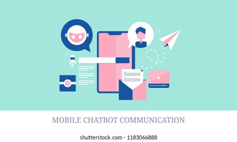 Chat bot - Mobile communication, automated applications, artificial intelligence on smart phone flat vector banner