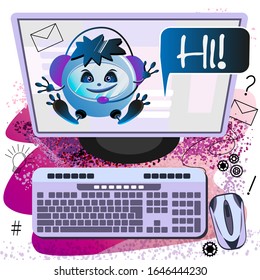 The chat bot on the monitor screen says Hello to the viewer. Computer with keyboard and computer mouse. Design in purple and lilac colors. Grainy texture. Funny chat bot. Robot. vector