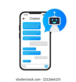 Chat Bot On The Phone, Chat Bot Interface, Messaging With The Robot. Vector Illustration