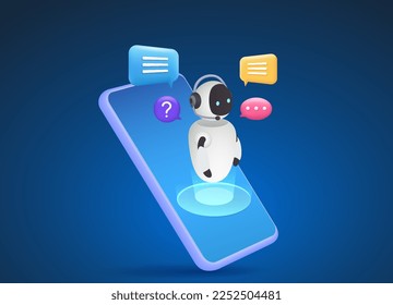 Chat bot on a smartphone, an AI assistant robot for communicating with users. Concept of virtual assistant to provide information, get help, ask a question get an answer.