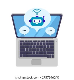 Conversar con un asistente en línea en la pantalla del portátil. Diseño de soporte técnico para página web. Sitio web de ayuda virtual. Ilustración de dibujos animados planos vectores para banner, plantilla de página de inicio.