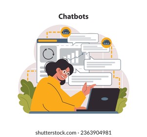 Chat-Bot. Online-Kommunikation mit künstlicher Intelligenz. AI-gestützter Kundenservice, Hilfe für Virtual Assistant. Selbstlernende Computersysteme, die große Daten verarbeiten. Flache Vektorgrafik