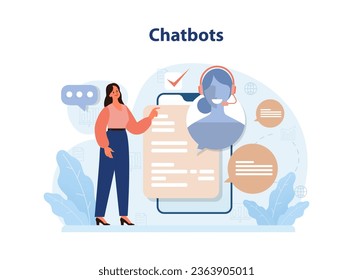 Chat bot. Online communication with artificial intelligence. AI-powered customer service, Virtual assistant help. Self-learning computing system processing big data. Flat vector illustration