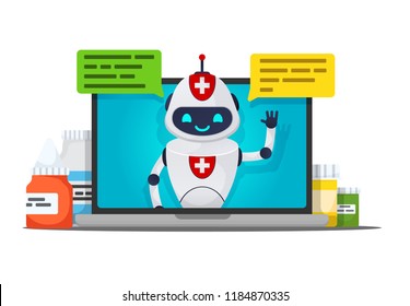 Chat Bot. Online Doctor,Future Medical Consultation Concept  Robot Talks To The Patient Through The Laptop Screen With Pills. Dialogue Speech Bubbles. Vector Illustration. Cartoon Style.isolated.