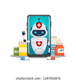 Chat Bot. Online Doctor,Future Medical Consultation Concept  Robot Talks To The Patient Through The Laptop Screen With Pills. Dialogue Speech Bubbles. Vector Illustration. Cartoon Style.isolated.