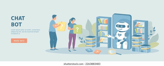 Bot de chat. Bot de soporte en línea. Inteligencia artificial, servicio de ayuda de IA, asistente de apoyo. Banner promocional de la web. Ilustración vectorial plana de dibujos animados con caracteres de personas.	
