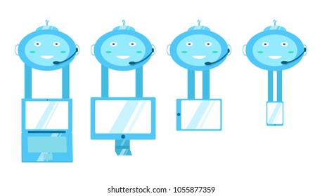 Chat bot with phone tablet laptop computer. Cute smiling bot robot helper. Modern cartoon character flat style vector illustration. Isolated on white background. Virtual online voice support service.