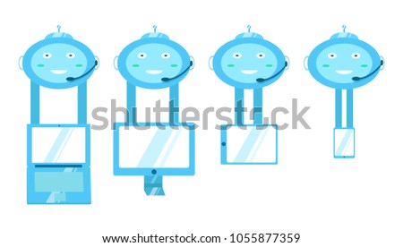 Chat bot with phone tablet laptop computer. Cute smiling bot robot helper. Modern cartoon character flat style vector illustration. Isolated on white background. Virtual online voice support service.