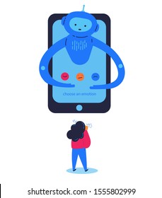 Chat bot provides psychological support to the girl flat vector illustration.Girl feeling bad and asking for help.The chat bot on the phone helps you understand your psychological state online.Emotion