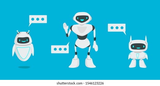 Chat bot, robot assistance flat vector illustration. The concept of digital advisor, cyborg operator, chatterbox. Replacement of human labor, automation of support services. Set of different robots.